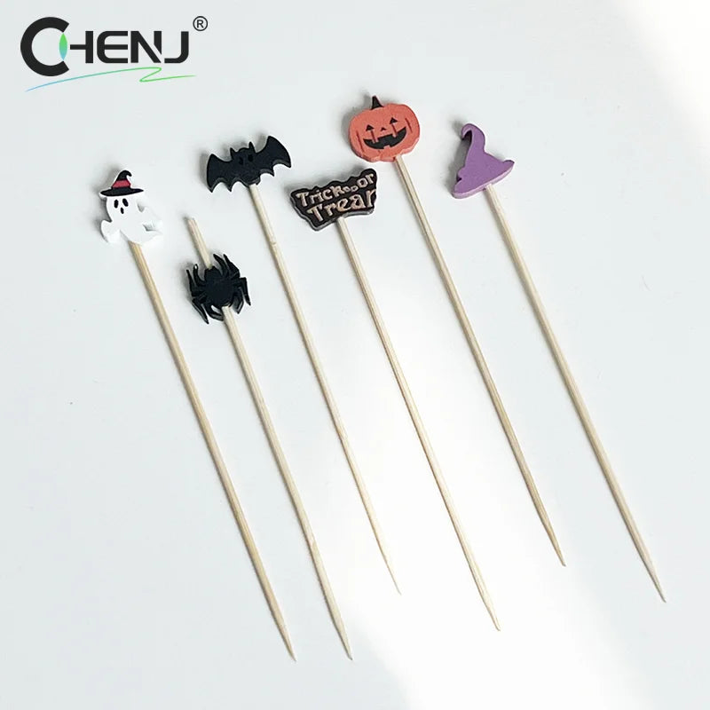 100 pz/set Zucca di Halloween Spiedini di Bambù Forchette da Frutta Buffet Dessert Stuzzicadenti Bastone da Cocktail Fantasma Pipistrello Decorazione