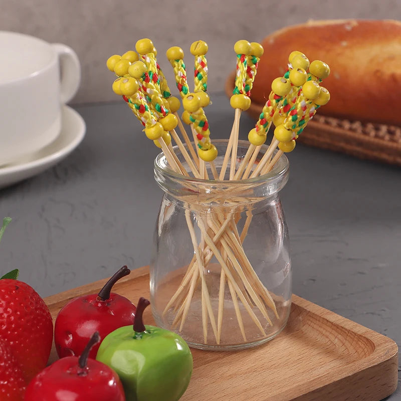 100 pz/pacco Creative Fruit Fork Cocktail Stick spiedini di bambù canditi Haws Stick utilizzato per la decorazione di cibo per matrimoni a Buffet