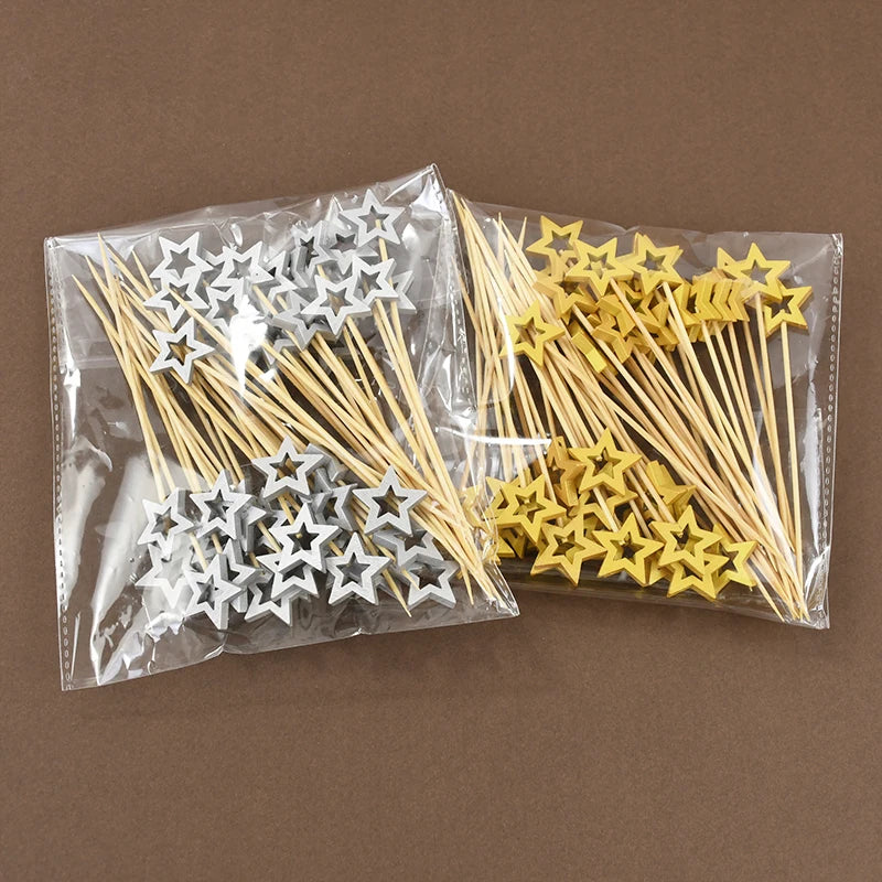 50/100PCS Stella D'oro Bastoni di Bambù Usa E Getta Natale Forchetta da Frutta in Legno Dessert Cocktail Picks Festa di Compleanno Buffet Stuzzicadenti