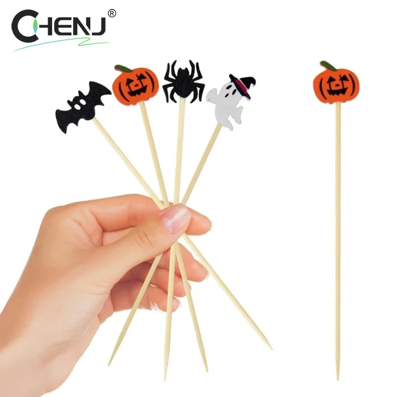 100 pz/set Zucca di Halloween Spiedini di Bambù Forchette da Frutta Buffet Dessert Stuzzicadenti Bastone da Cocktail Fantasma Pipistrello Decorazione