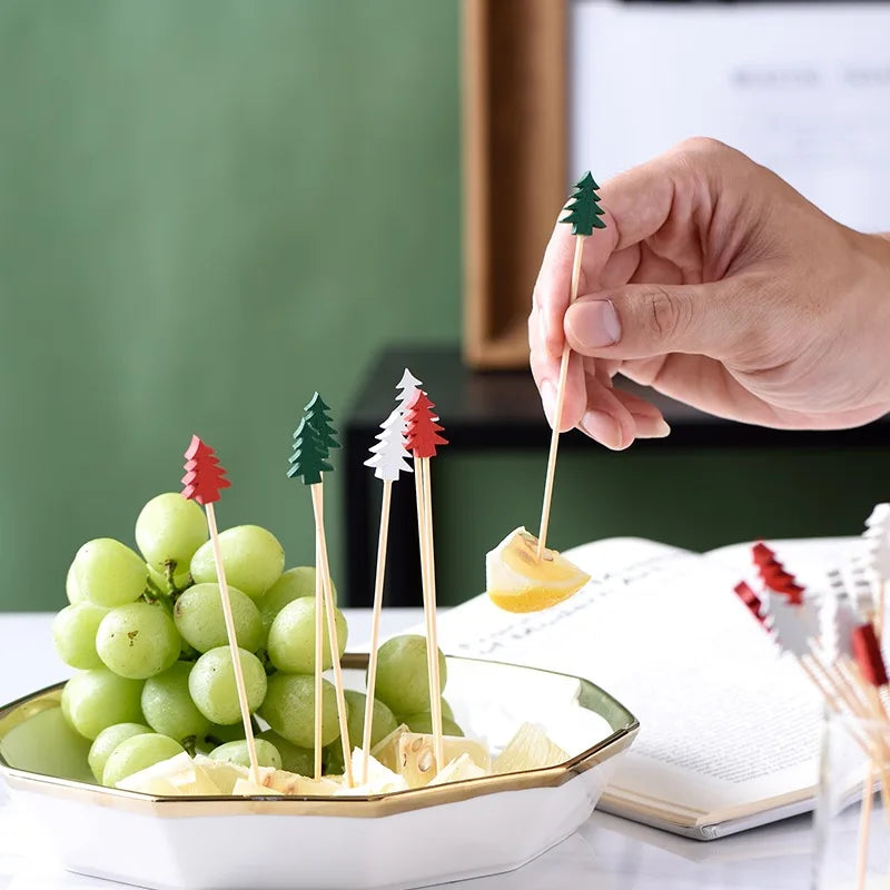 50/100 pz Natale Bambù Spiedino Cocktail Picks Cupcake Topper Cibo Usa E Getta Dessert Stuzzicadenti Bastoni di Frutta Rifornimenti Del Partito