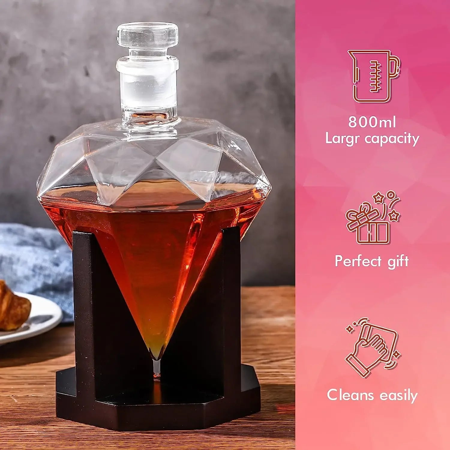Bottiglia di vino con diamante in vetro con decanter per whisky da 1000 ml con supporto in legno Tappo ermetico Adatto a tutti i tipi di alcol Regalo