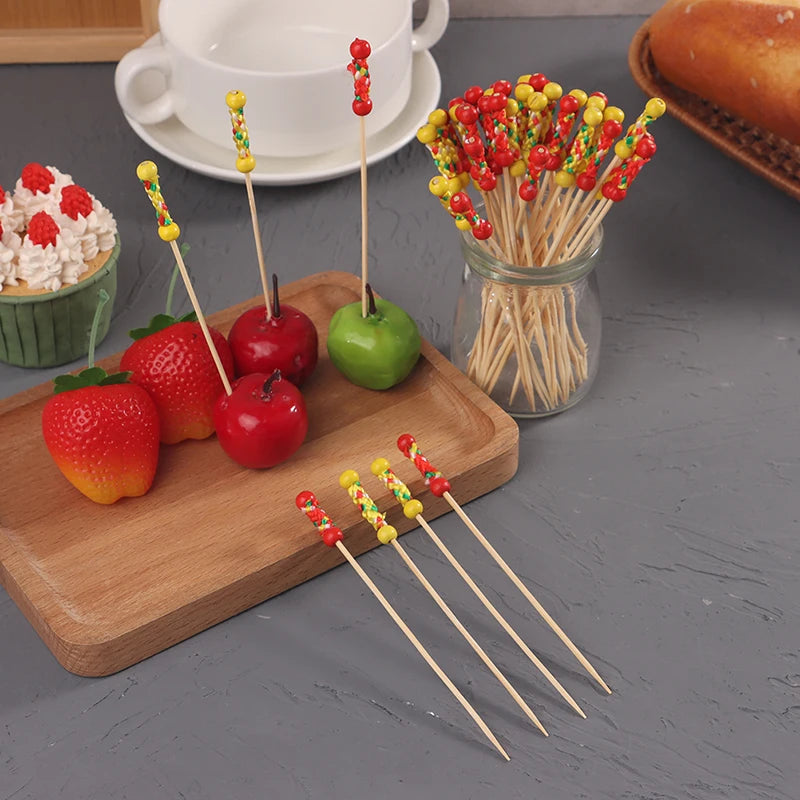 100 pz/pacco Creative Fruit Fork Cocktail Stick spiedini di bambù canditi Haws Stick utilizzato per la decorazione di cibo per matrimoni a Buffet