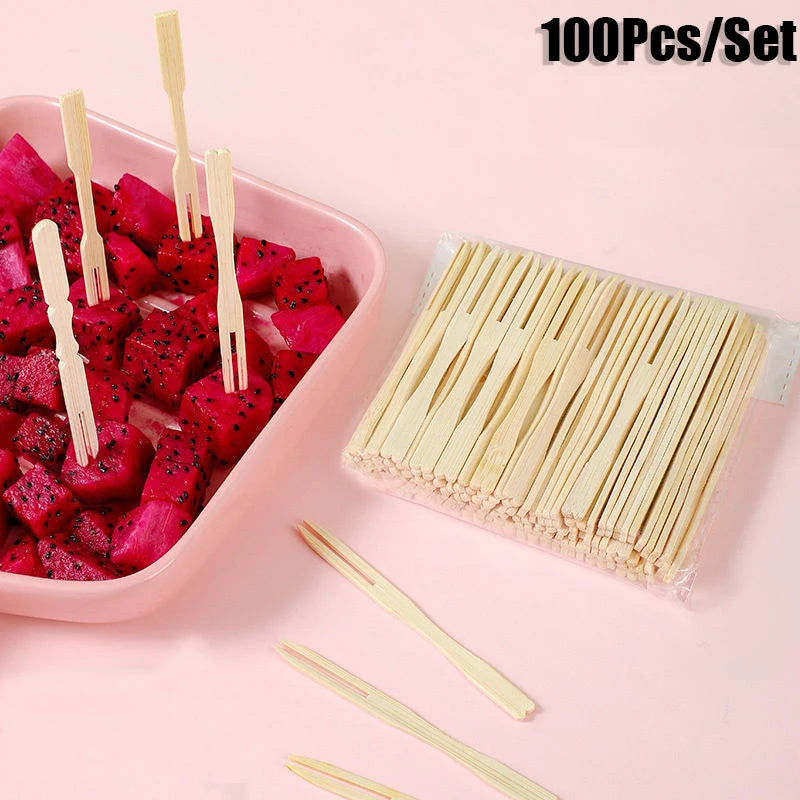 100 pz usa e getta 9cm lunghezza forchette di bambù forchette di frutta Cocktail frutta Picks spiedini bastoncini naturali utensile da Dessert per feste