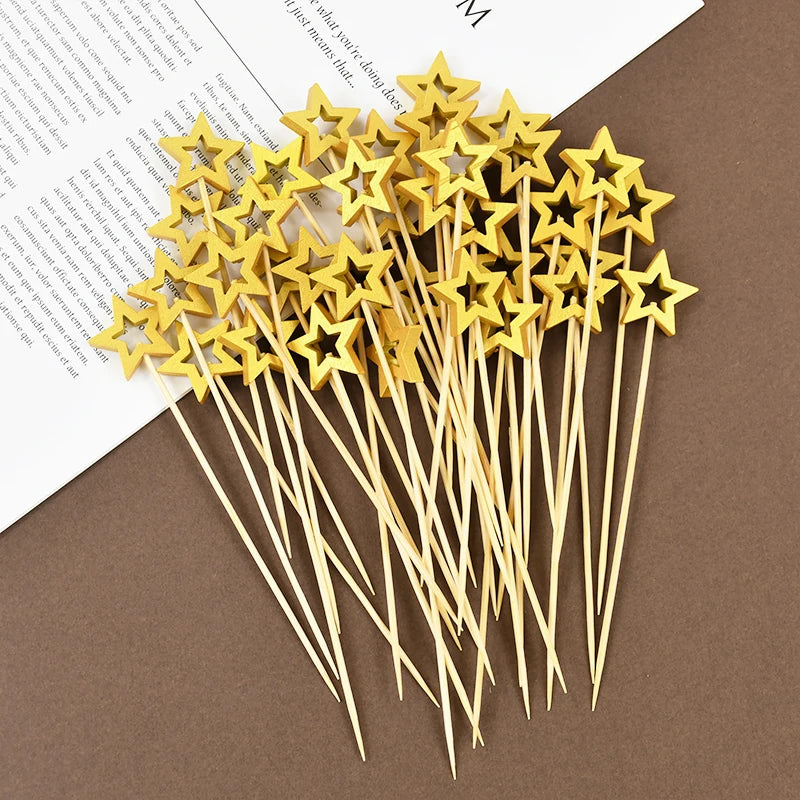 50/100PCS Stella D'oro Bastoni di Bambù Usa E Getta Natale Forchetta da Frutta in Legno Dessert Cocktail Picks Festa di Compleanno Buffet Stuzzicadenti