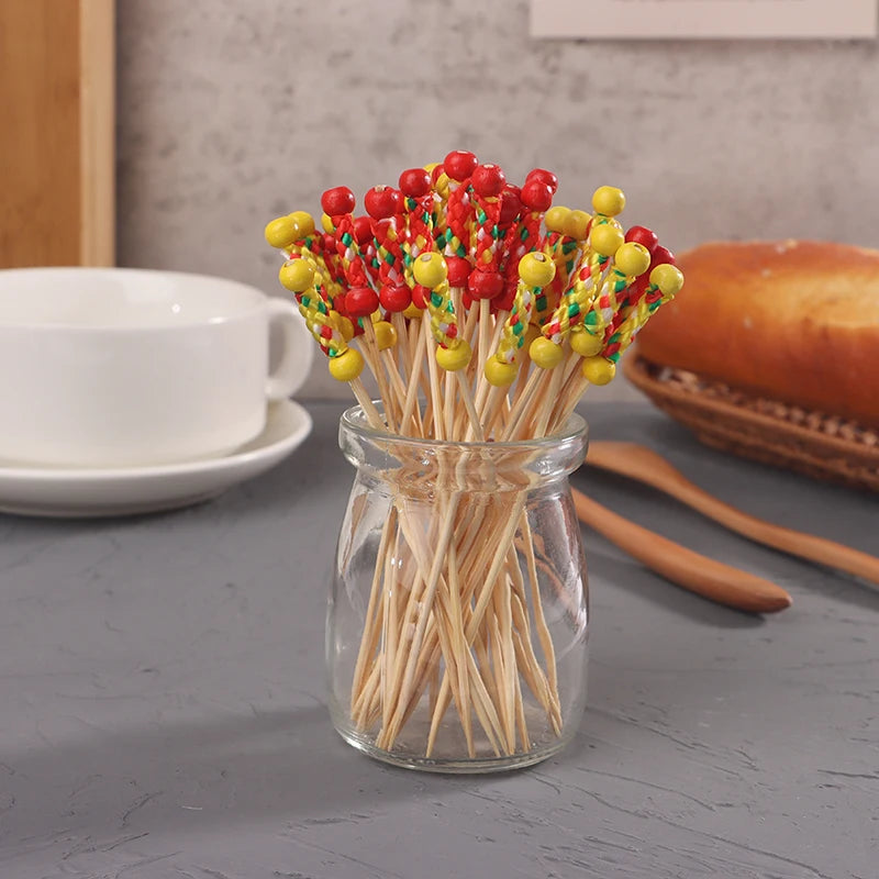 100 pz/pacco Creative Fruit Fork Cocktail Stick spiedini di bambù canditi Haws Stick utilizzato per la decorazione di cibo per matrimoni a Buffet