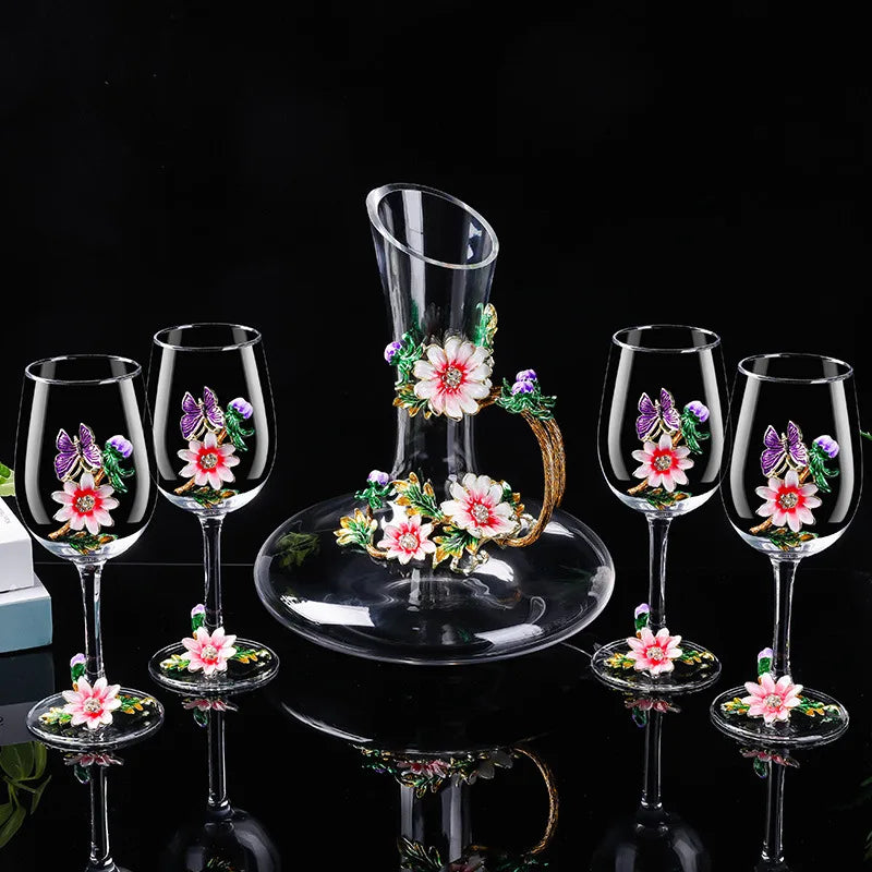 Decanter per tazze di vino rosso in vetro di cristallo smaltato a margherita Utensili per vino di lusso in vetro con piede alto per vino rosso
