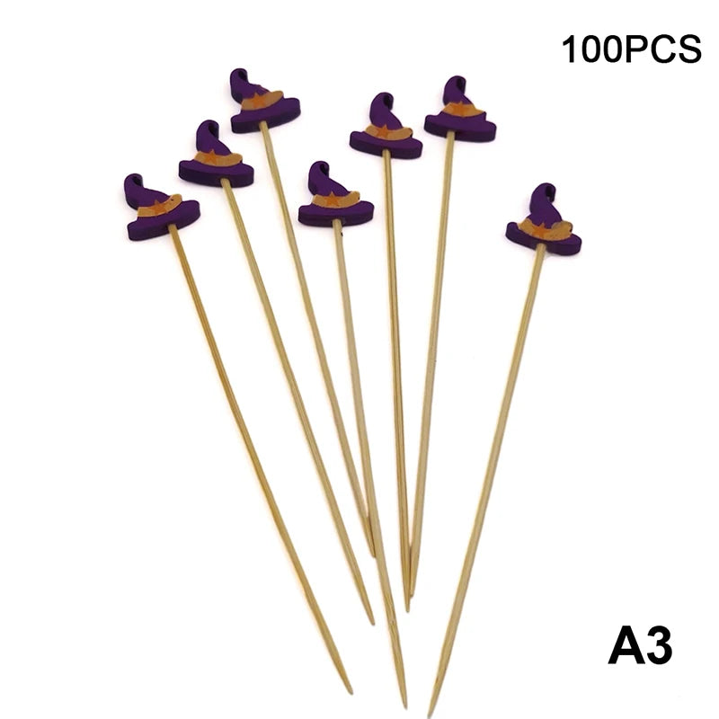 100 pz/set Zucca di Halloween Spiedini di Bambù Forchette da Frutta Buffet Dessert Stuzzicadenti Bastone da Cocktail Fantasma Pipistrello Decorazione