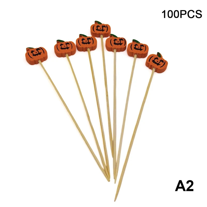 100 pz/set Zucca di Halloween Spiedini di Bambù Forchette da Frutta Buffet Dessert Stuzzicadenti Bastone da Cocktail Fantasma Pipistrello Decorazione