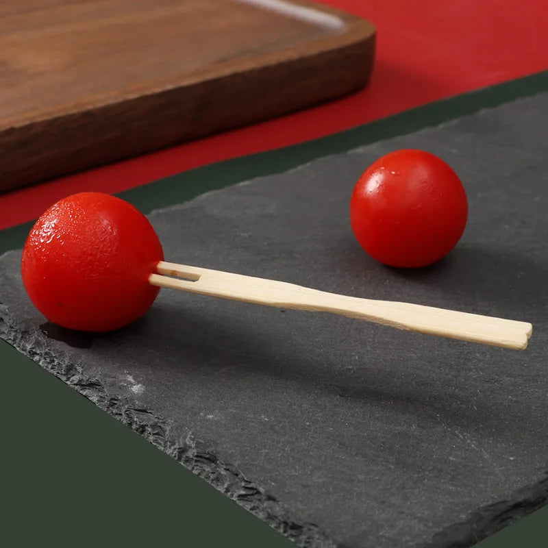 100 pz usa e getta 9cm lunghezza forchette di bambù forchette di frutta Cocktail frutta Picks spiedini bastoncini naturali utensile da Dessert per feste