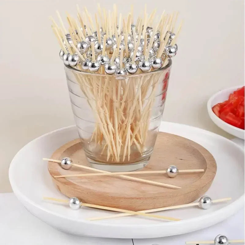 100 pezzi oro argentato bianco perla spiedini di bambù frutta perla spiedini di bambù torta di partito dessert cocktail cibo buffet stuzzicadenti