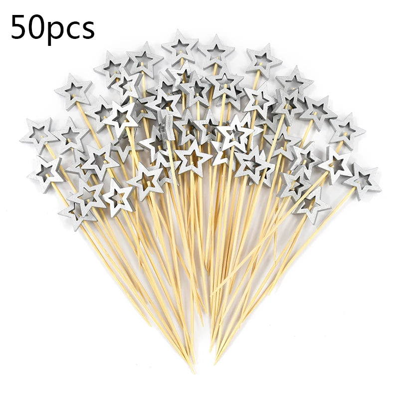 50/100PCS Stella D'oro Bastoni di Bambù Usa E Getta Natale Forchetta da Frutta in Legno Dessert Cocktail Picks Festa di Compleanno Buffet Stuzzicadenti