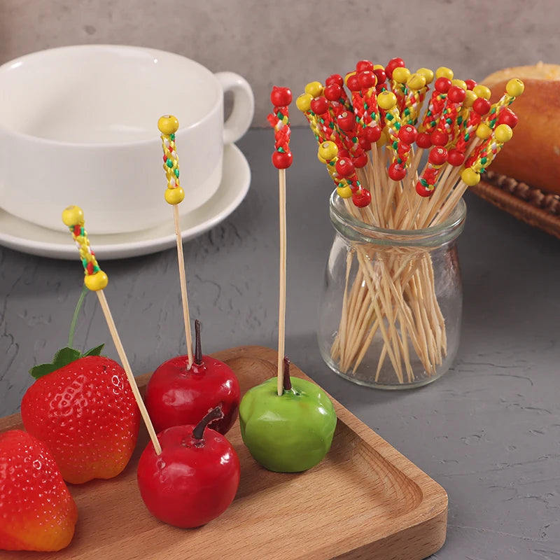 100 pz/pacco Creative Fruit Fork Cocktail Stick spiedini di bambù canditi Haws Stick utilizzato per la decorazione di cibo per matrimoni a Buffet