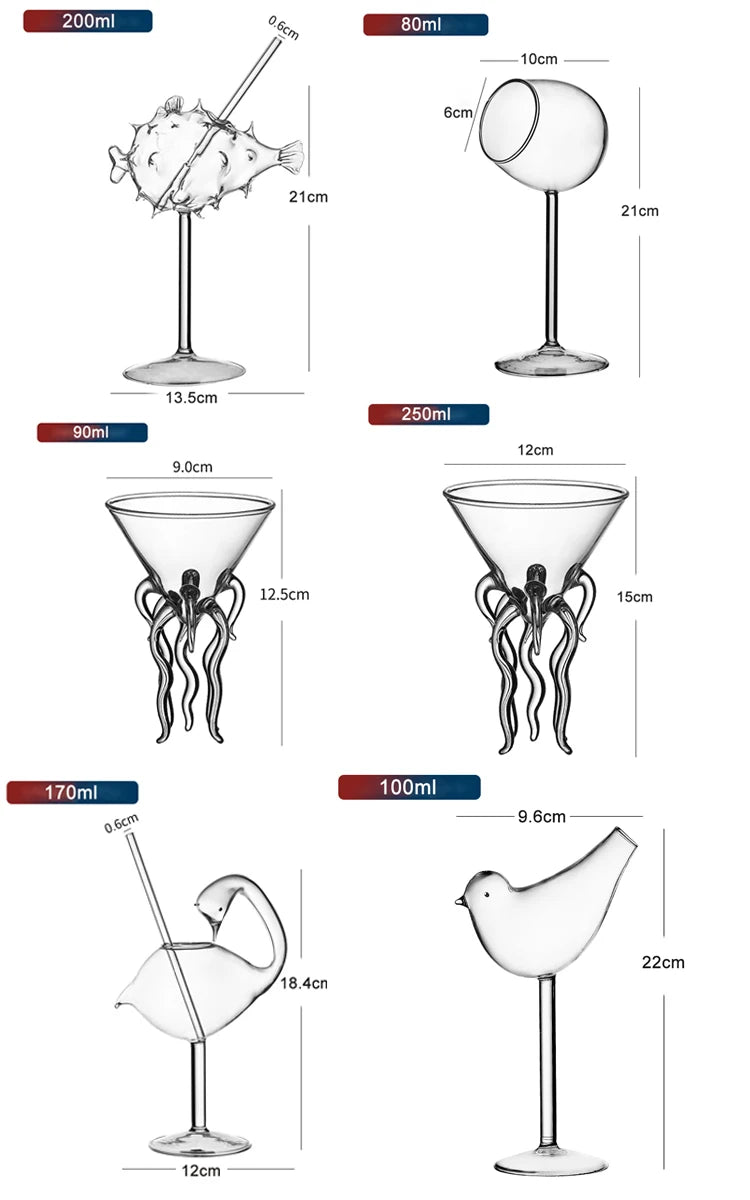 Bicchiere da cocktail creativo con pesciolini, polpo, cigno, uccello, calice trasparente con cannuccia, tazza di succo di vino per feste, bar, discoteca