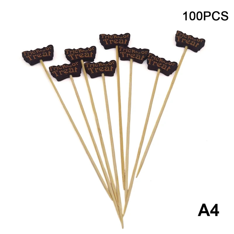 100 pz/set Zucca di Halloween Spiedini di Bambù Forchette da Frutta Buffet Dessert Stuzzicadenti Bastone da Cocktail Fantasma Pipistrello Decorazione