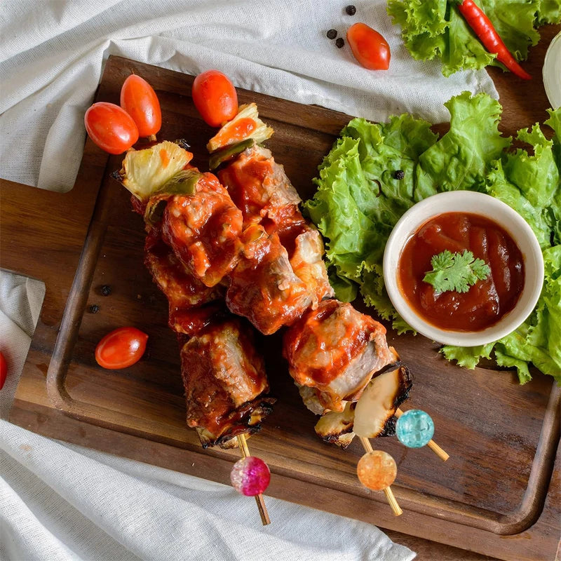 Plettri da cocktail da 100 pezzi, stuzzicadenti fantasia con perle colorate per antipasti, spiedini da cibo in legno per alimenti, bevande, feste di frutta