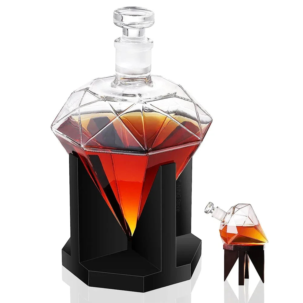 Bottiglia di vino con diamante in vetro con decanter per whisky da 1000 ml con supporto in legno Tappo ermetico Adatto a tutti i tipi di alcol Regalo