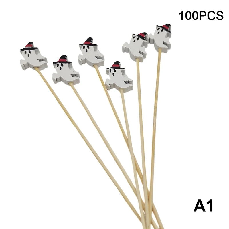 100 pz/set Zucca di Halloween Spiedini di Bambù Forchette da Frutta Buffet Dessert Stuzzicadenti Bastone da Cocktail Fantasma Pipistrello Decorazione