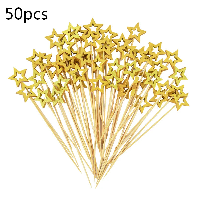 50/100PCS Stella D'oro Bastoni di Bambù Usa E Getta Natale Forchetta da Frutta in Legno Dessert Cocktail Picks Festa di Compleanno Buffet Stuzzicadenti