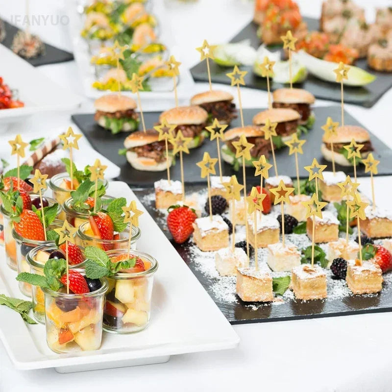 Pentagramma natalizio Bastoncino di bambù Oro Argento Plettri da cocktail Torta Stuzzicadenti decorativi Spiedini di frutta Forchette per la festa di Natale