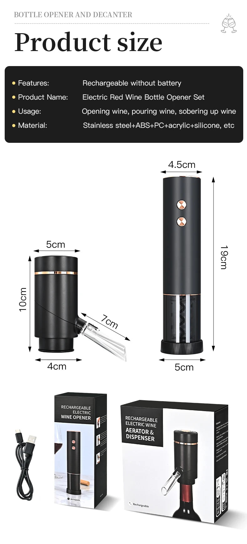 Decanter elettrico ricaricabile con pompa a vuoto veloce Set di apertura automatica per vino Aeratore per vino Decanter rapido elettronico