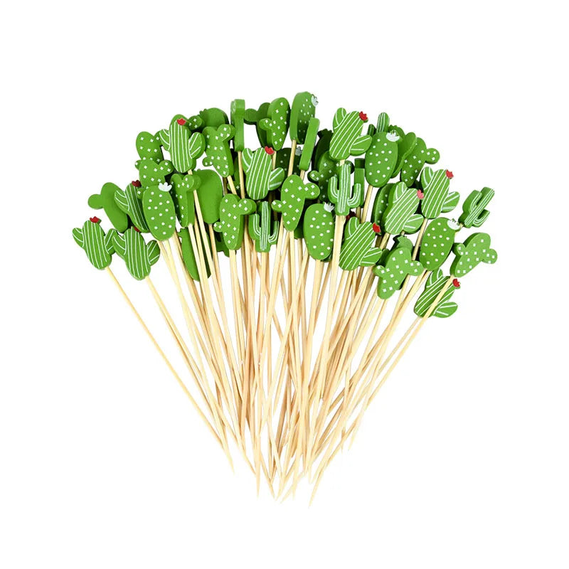 100 pz Cactus Flamingo Bambù Pick Buffet Cupcake Frutta Forchetta Cocktail Stuzzicadenti Spiedino Bar Dessert Insalata Bastone per la Decorazione di Nozze