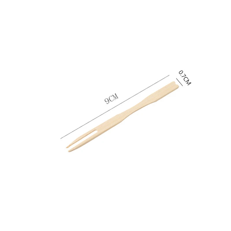 100 pz usa e getta 9cm lunghezza forchette di bambù forchette di frutta Cocktail frutta Picks spiedini bastoncini naturali utensile da Dessert per feste