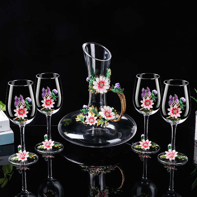 Decanter per tazze di vino rosso in vetro di cristallo smaltato a margherita Utensili per vino di lusso in vetro con piede alto per vino rosso