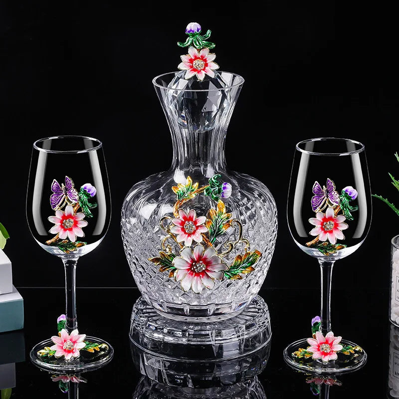 Decanter per tazze di vino rosso in vetro di cristallo smaltato a margherita Utensili per vino di lusso in vetro con piede alto per vino rosso