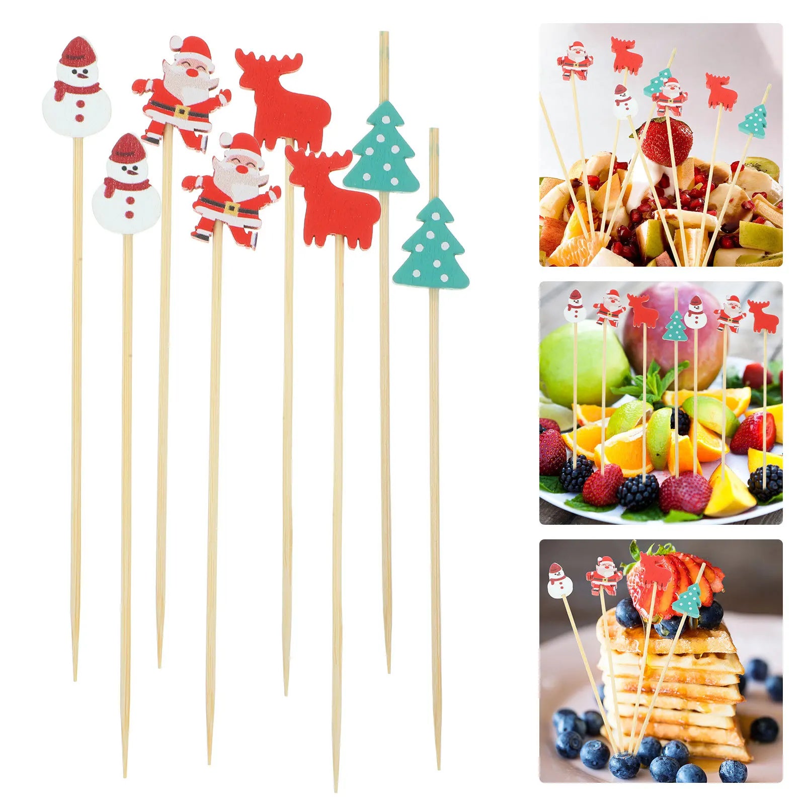 100 pezzi di frutta di bambù per feste di Natale, bastoncini da cocktail usa e getta, antipasti, snack, decorazioni natalizie per alimenti, antipasti