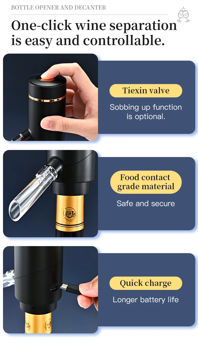 Decanter elettrico ricaricabile con pompa a vuoto veloce Set di apertura automatica per vino Aeratore per vino Decanter rapido elettronico