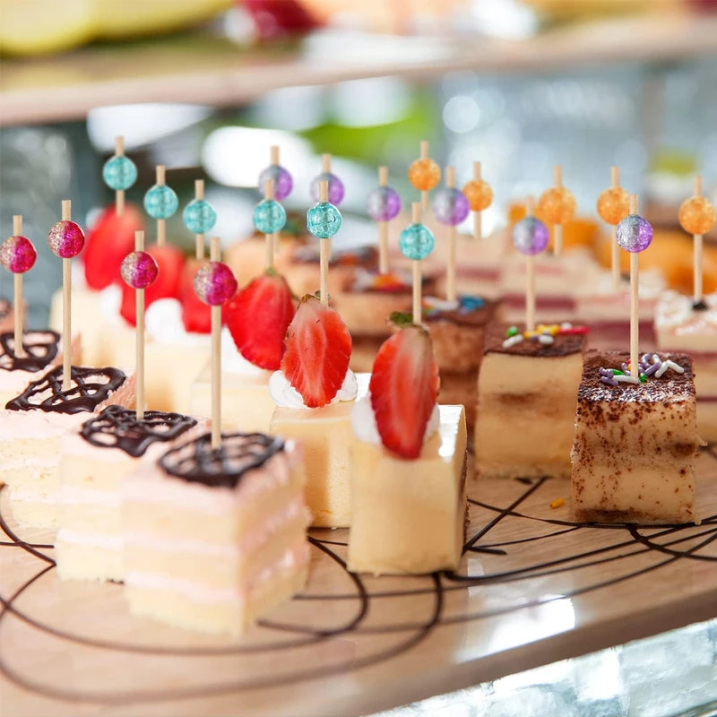 Plettri da cocktail da 100 pezzi, stuzzicadenti fantasia con perle colorate per antipasti, spiedini da cibo in legno per alimenti, bevande, feste di frutta