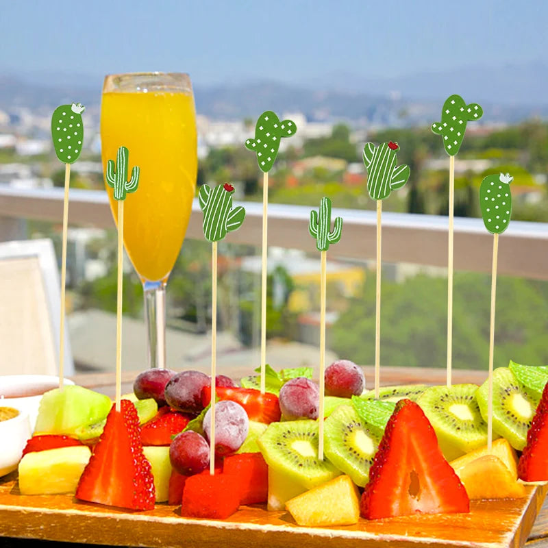 100 pz Cactus Flamingo Bambù Pick Buffet Cupcake Frutta Forchetta Cocktail Stuzzicadenti Spiedino Bar Dessert Insalata Bastone per la Decorazione di Nozze