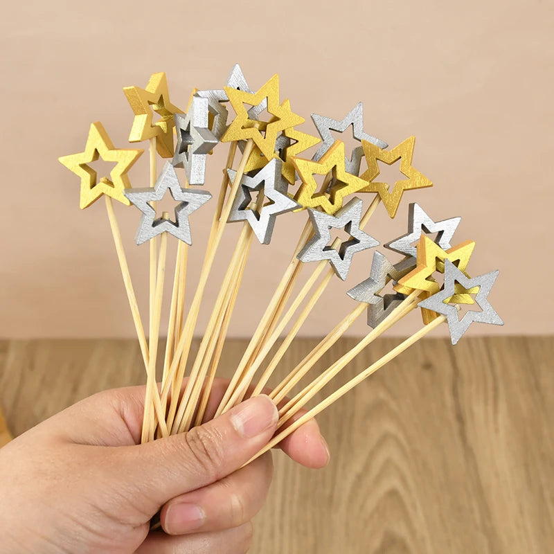 50/100PCS Stella D'oro Bastoni di Bambù Usa E Getta Natale Forchetta da Frutta in Legno Dessert Cocktail Picks Festa di Compleanno Buffet Stuzzicadenti