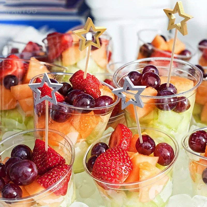 Pentagramma natalizio Bastoncino di bambù Oro Argento Plettri da cocktail Torta Stuzzicadenti decorativi Spiedini di frutta Forchette per la festa di Natale