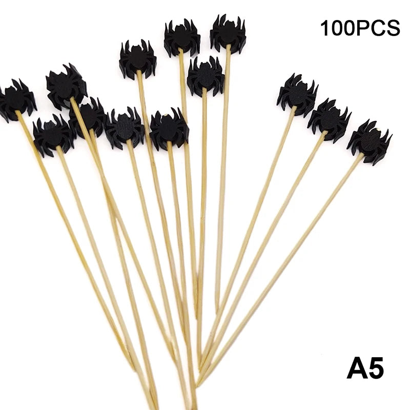 100 pz/set Zucca di Halloween Spiedini di Bambù Forchette da Frutta Buffet Dessert Stuzzicadenti Bastone da Cocktail Fantasma Pipistrello Decorazione