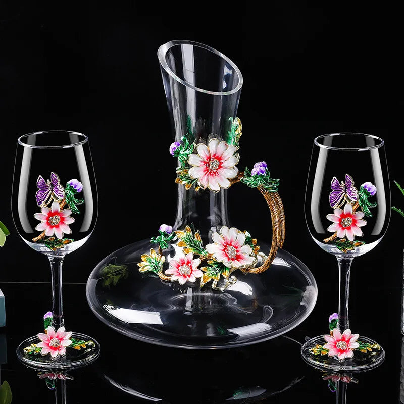 Decanter per tazze di vino rosso in vetro di cristallo smaltato a margherita Utensili per vino di lusso in vetro con piede alto per vino rosso
