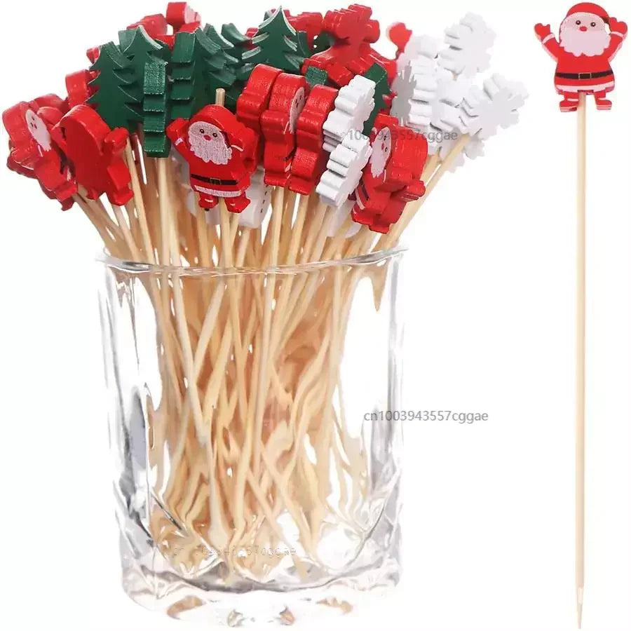 50/100 pz Natale Bambù Spiedino Cocktail Picks Cupcake Topper Cibo Usa E Getta Dessert Stuzzicadenti Bastoni di Frutta Rifornimenti Del Partito
