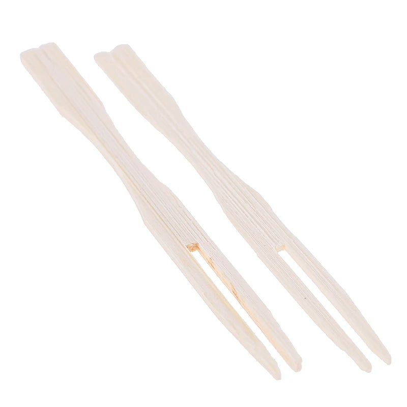 100 pz usa e getta 9cm lunghezza forchette di bambù forchette di frutta Cocktail frutta Picks spiedini bastoncini naturali utensile da Dessert per feste