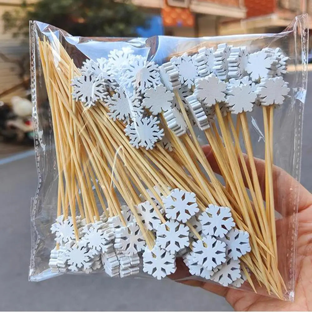 50 pz/set Natale Bambù Cocktail Picks Babbo Natale Fiocco di neve Frutta Dessert Cibo Stuzzicadenti Fornitura per feste di Natale