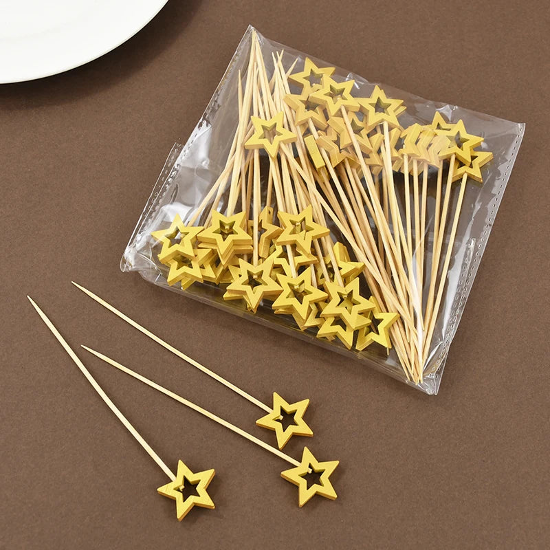50/100PCS Stella D'oro Bastoni di Bambù Usa E Getta Natale Forchetta da Frutta in Legno Dessert Cocktail Picks Festa di Compleanno Buffet Stuzzicadenti