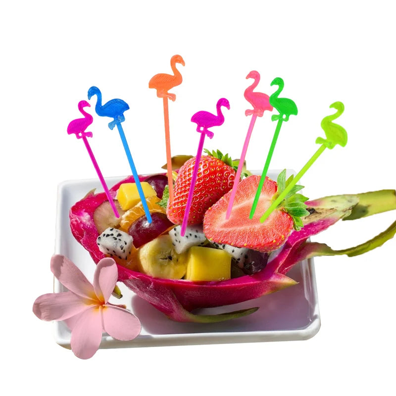 50 Pz/lotto di Plastica Flamingo Cibo Picks Buffet Cupcake Frutta Forchetta Torta Dessert Insalata Bastoni Cocktail Stuzzicadenti Stoviglie Forniture