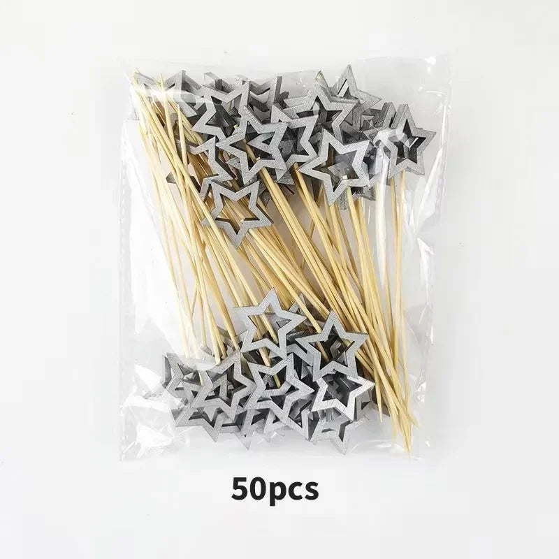 Pentagramma natalizio Bastoncino di bambù Oro Argento Plettri da cocktail Torta Stuzzicadenti decorativi Spiedini di frutta Forchette per la festa di Natale