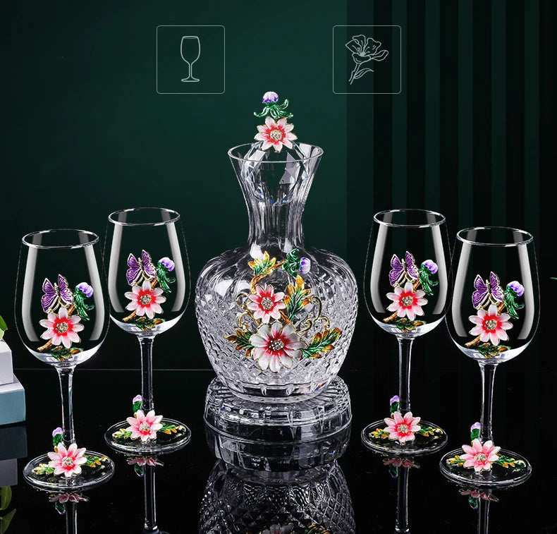 Decanter per tazze di vino rosso in vetro di cristallo smaltato a margherita Utensili per vino di lusso in vetro con piede alto per vino rosso