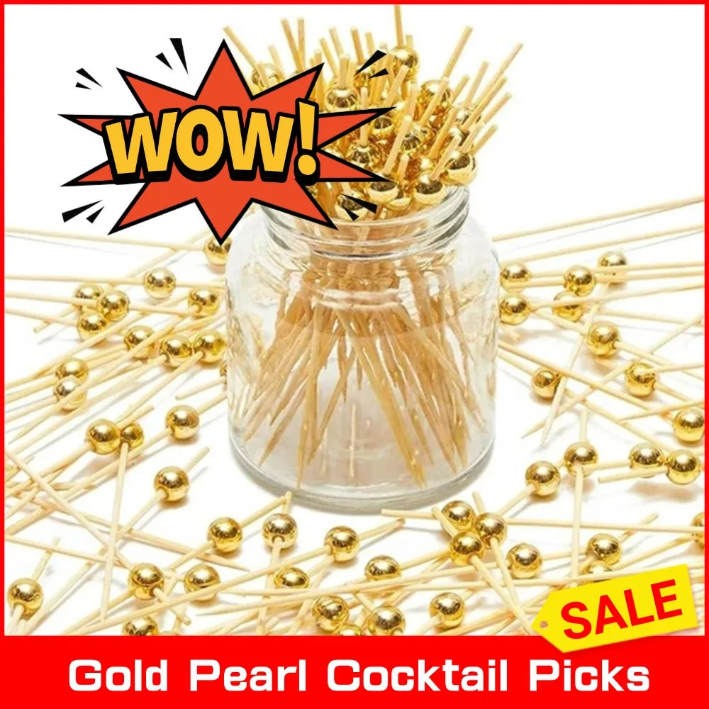 100/25 Pz Oro Perla Cocktail Picks Cibo Frutta Picks Festa di Nozze Torta Usa E Getta Dessert Cocktail Bastoni Buffet Stuzzicadenti