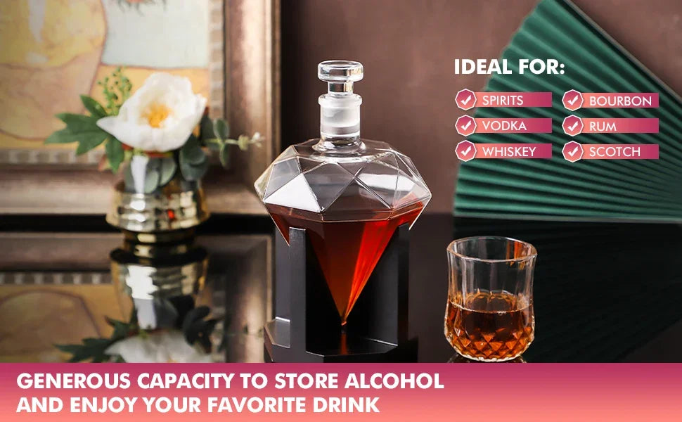 Bottiglia di vino con diamante in vetro con decanter per whisky da 1000 ml con supporto in legno Tappo ermetico Adatto a tutti i tipi di alcol Regalo
