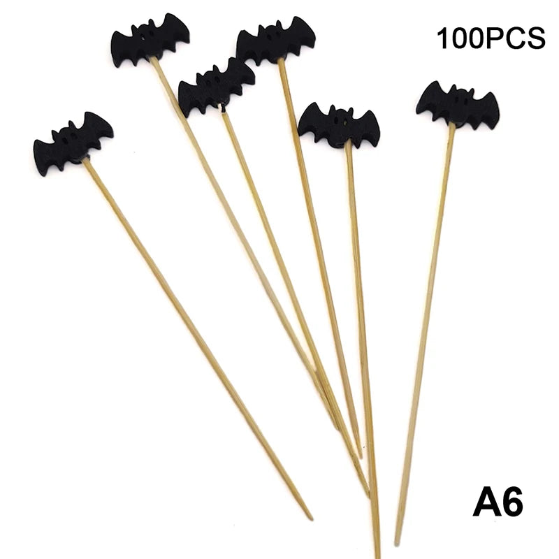 100 pz/set Zucca di Halloween Spiedini di Bambù Forchette da Frutta Buffet Dessert Stuzzicadenti Bastone da Cocktail Fantasma Pipistrello Decorazione