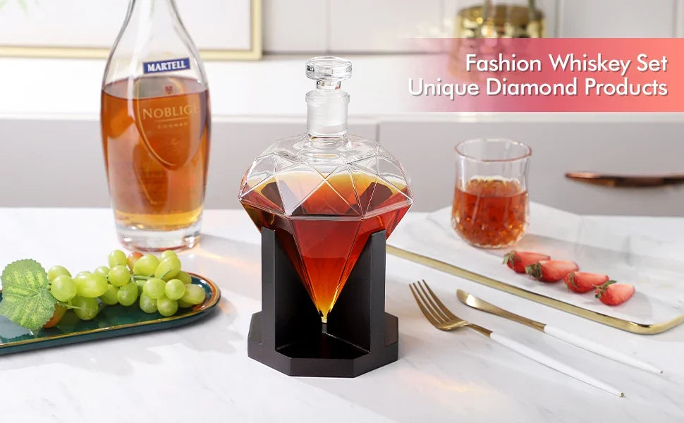Bottiglia di vino con diamante in vetro con decanter per whisky da 1000 ml con supporto in legno Tappo ermetico Adatto a tutti i tipi di alcol Regalo