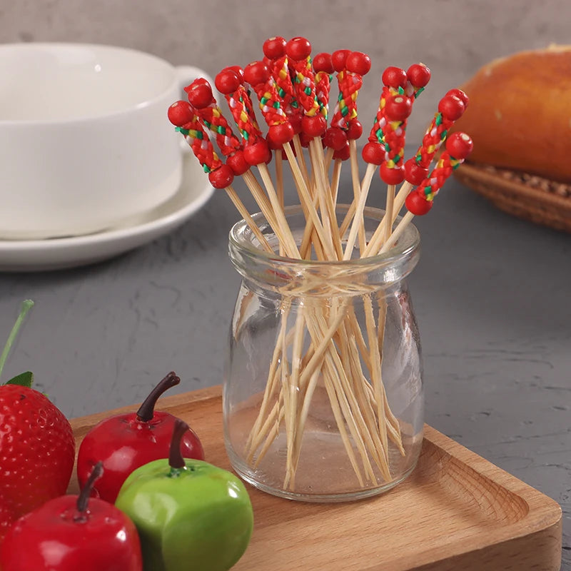 100 pz/pacco Creative Fruit Fork Cocktail Stick spiedini di bambù canditi Haws Stick utilizzato per la decorazione di cibo per matrimoni a Buffet