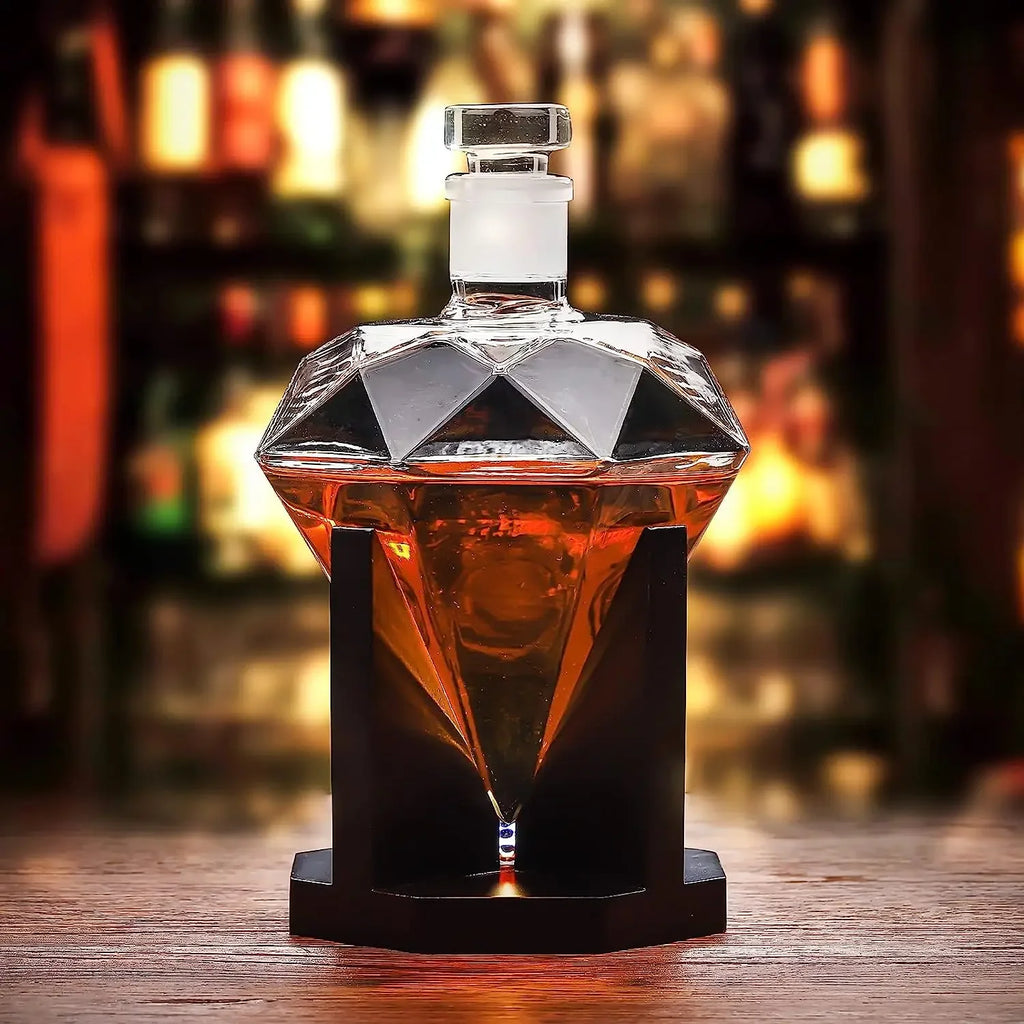 Bottiglia di vino con diamante in vetro con decanter per whisky da 1000 ml con supporto in legno Tappo ermetico Adatto a tutti i tipi di alcol Regalo